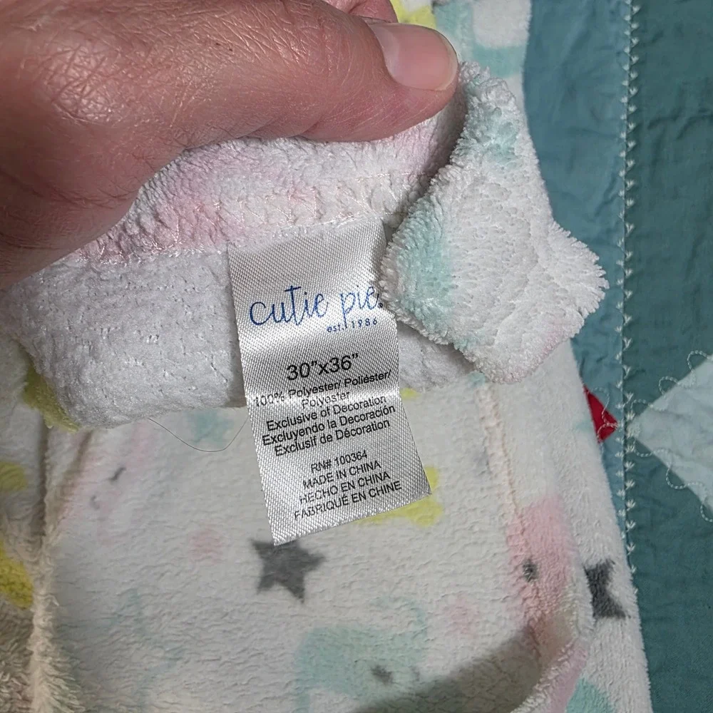 Cutie Pie Baby Blanket Infant 30x36 White Elephant Star Plush Fleece Pink Yellow